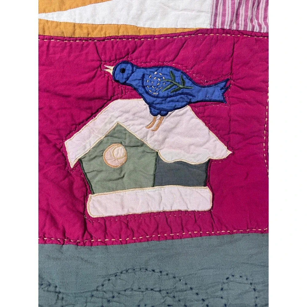 VTG Folk Art Quilt Queen Hand Appliqué Woodland Christmas‎ Patchwork Farmhouse